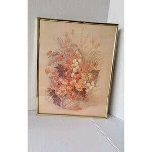 Vintage 1980's Framed Floral Art Print Brass Orange Yellow Brown